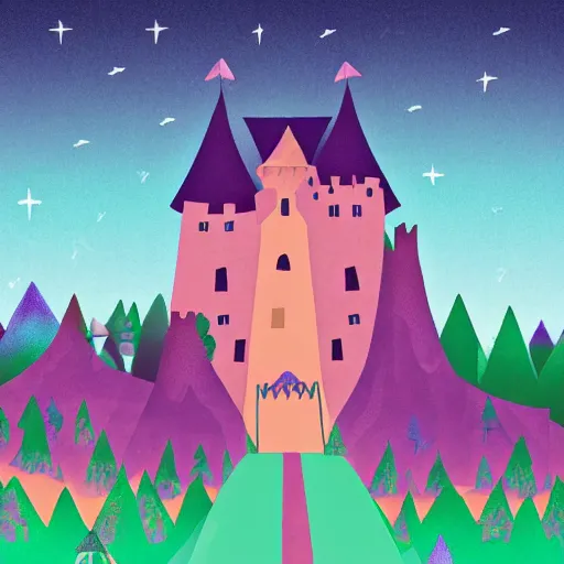 Prompt: illustration dark purple zig - zag path. evil fantasy castle over a high dark blue hill at night. orange to pink gradient sky and thunderstorm background. forest underneath