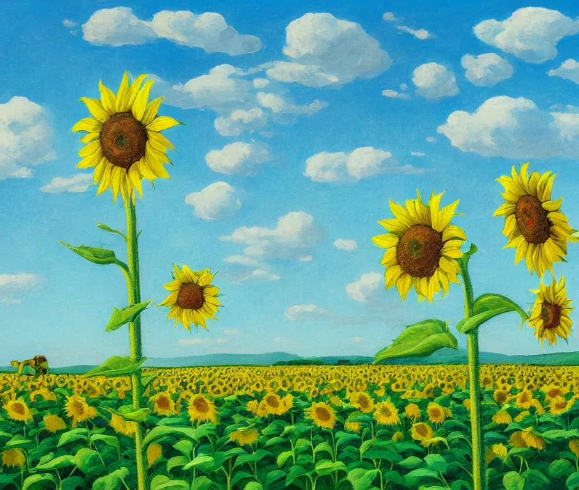 Image similar to a very detailed painting of a sunflower field, baby blue sky with very aesthetic stylized clouds, there is an ad billboard on the field, cows are on the field, an ufo is in the air, the ufo beams up a cow with a green light beam, in the style of edward hopper and kandinsky, very small brushstrokes, 4 k,