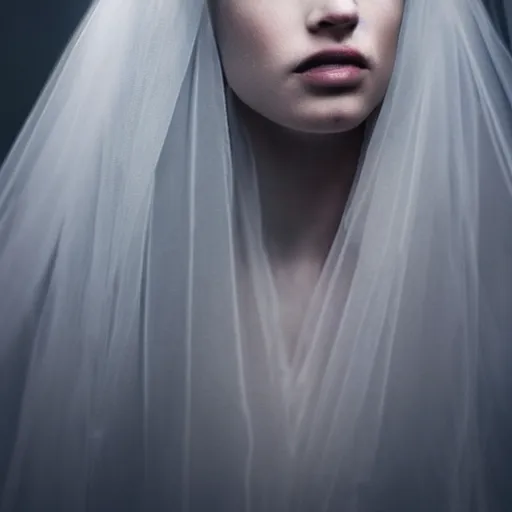 Image similar to portrait of a stunningly beautiful ghostly haunting female with a veil in soft light, depth of field, zeiss lens, detailed, symmetrical, centered, fashion photoshoot, by annie leibovitz and steve mccurry, david lazar, jimmy nelsson, breathtaking, 8 k resolution, extremely detailed, beautiful, establishing shot, artistic, hyperrealistic, beautiful face, octane render