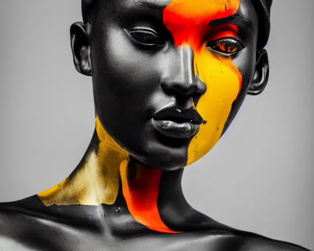 Image similar to close up portrait of extremely beautiful female black marble statue in the style of virgil abloh, colorful motocross logos behind her, sharp focus, clear, detailed,, cinematic, detailed, off white, glamourous, symmetrical, vogue, editorial, fashion, magazine shoot, glossy