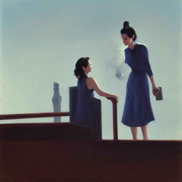 Image similar to Eva Green on a roof, fog, early morning, , painted by Edward Hopper, painted by Wayne Barlow, airbrush