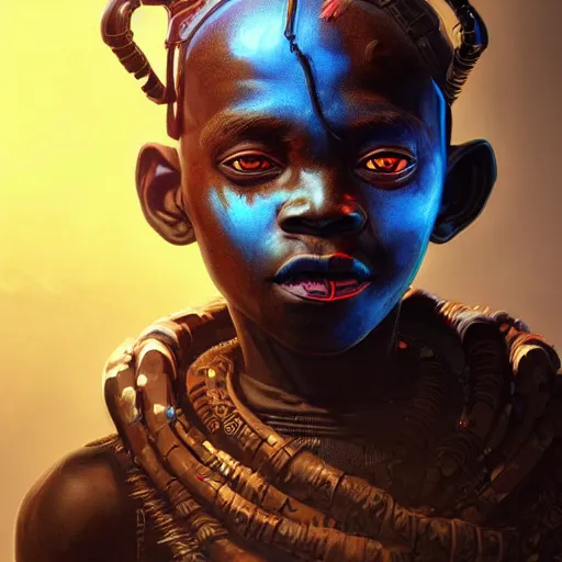 Image similar to a dark and ominous cyborg african child soldier with glowing eyes and tribal facial scarification, neon graffiti, Apex Legends character digital illustration portrait design, by android jones and greg rutkowski in a cyberpunk voodoo style, retrowave color scheme, detailed, cinematic lighting, wide angle action dynamic portrait