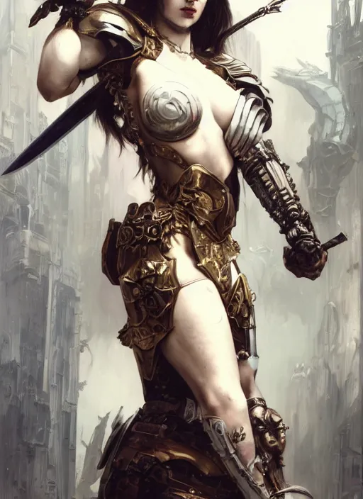 Prompt: portrait of beautiful pale gothic muscular warrior girl with sword, warhammer 40000, cyberpunk, intricate, elegant, highly detailed, digital painting, artstation, concept art, smooth, sharp focus, illustration, art by artgerm and greg rutkowski and alphonse mucha and Gustav Klimt and Ilya Kuvshinov