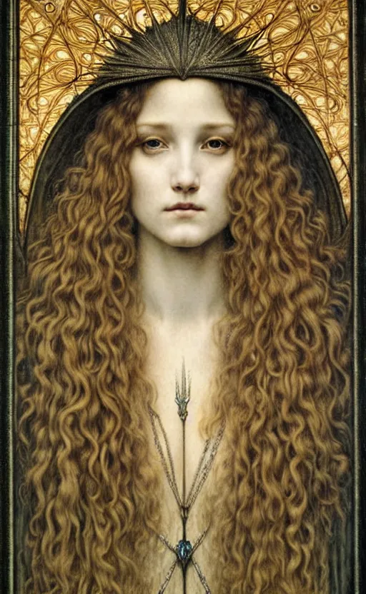 Image similar to detailed realistic beautiful young medieval queen face portrait by jean delville, gustave dore and marco mazzoni, art nouveau, symbolist, visionary, gothic, pre - raphaelite. horizontal symmetry