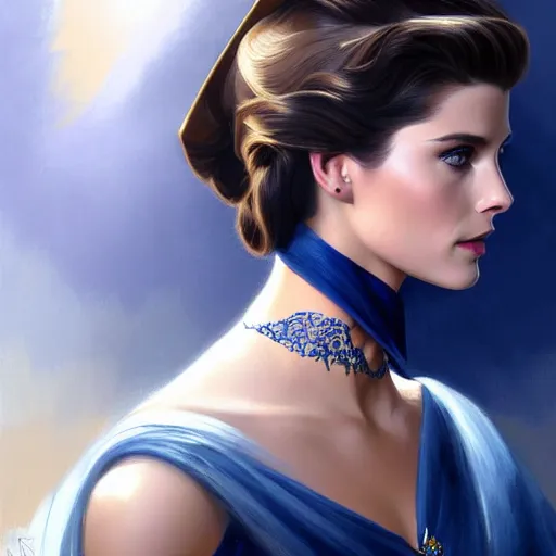 Image similar to Ashley Greene's face combined with Grace Kelly's face with short dark blue hair in elegant knight's armor, western, D&D, fantasy, intricate, elegant, highly detailed, digital painting, artstation, concept art, matte, sharp focus, illustration, art by Artgerm and Greg Rutkowski and Alphonse Mucha