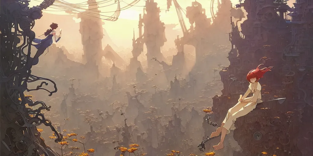 Image similar to twist your tiny lies into the spoon, spinning a web with your metallurgy. by hayao miyazaki and rossdraws and artgerm and greg rutkowski and alphonse mucha and studio ghibli. high quality, stunning, intricate detailed environment. 8 k