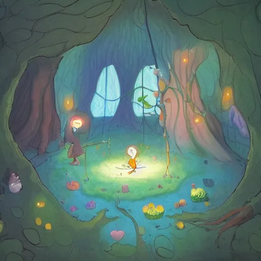 Image similar to a family of faeries living inside a hollow in a tree, masterpiece soft focus painting by kerascoet by marie pommepuy and sebastien cosset, dynamic lighting