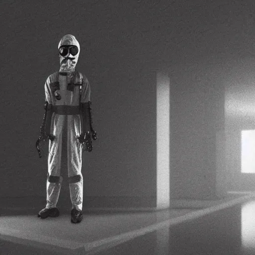 Image similar to news reporter in a hazmat suit 1 9 9 0 s news found footage of an abandoned soviet downtown with a humanoid scp hidden in background, liminal space, backrooms, scp, film grain, rundown, eerie, dark lighting, 3 5 mm, realistic, photograph, hazmat suits, foggy, silent hill style, detailed, hyperrealistic