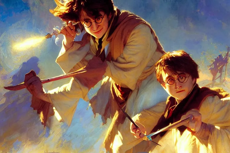 Prompt: harry potter, magic fight, vibrant colors and hard shadows and strong rim light, light blue clear sky, cool white color temperature, painting by gaston bussiere, craig mullins, j. c. leyendecker