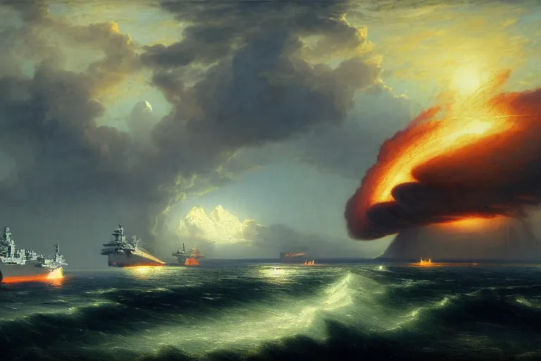 Image similar to aircraft carrier, nuclear explosion by andreas achenbach and peder balke and martin johnson heade sharp digital painting. dreaming latent space. matte painting, concept art. artstation. digital render. hdr, high dynamic range, global illumination, realistic, 8 k