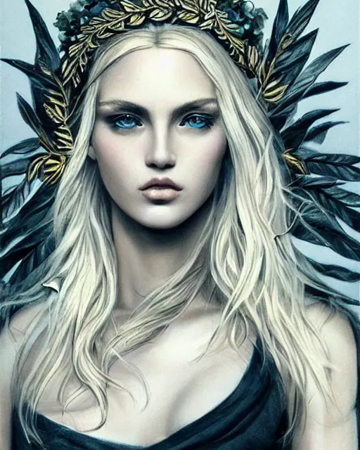 Image similar to tattoo design sketch of hot blonde super model as aphrodite greek goddess wearing a gold laurel wreath and triangle earrings, beautiful piercing gaze with sharp pupils, in the style of greg rutkowski, fantasy, amazing detail, epic, elegant, smooth, sharp focus, front view