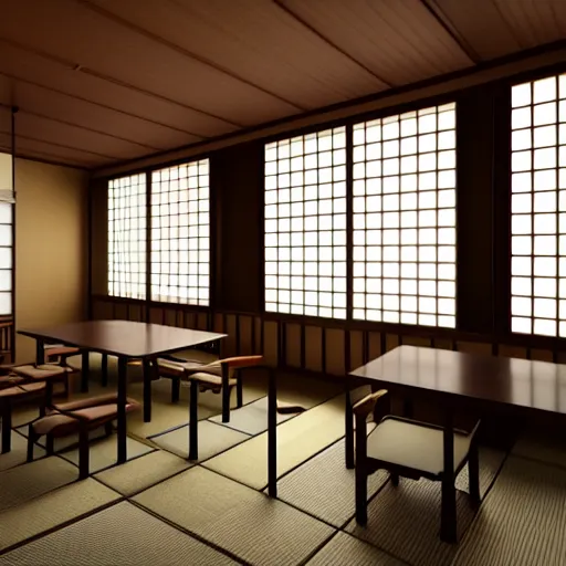 Image similar to still photo of a japanese dining room, highly detailed, photorealistic portrait, bright studio setting, studio lighting, crisp quality and light reflections, unreal engine 5 quality render