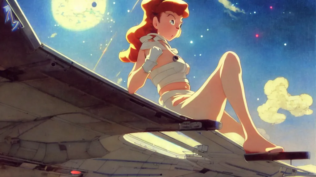 Image similar to a film still of a 1 9 5 0's sci fi anime girl sitting on the roof of flying ufo landing in hangar of giant spaceship, sharp face focus, full body mid shot, perfect art, trending on pixiv fanbox, painted by gaston bussiere, makoto shinkai, akihiko yoshida, gaston bussiere, craig mullins