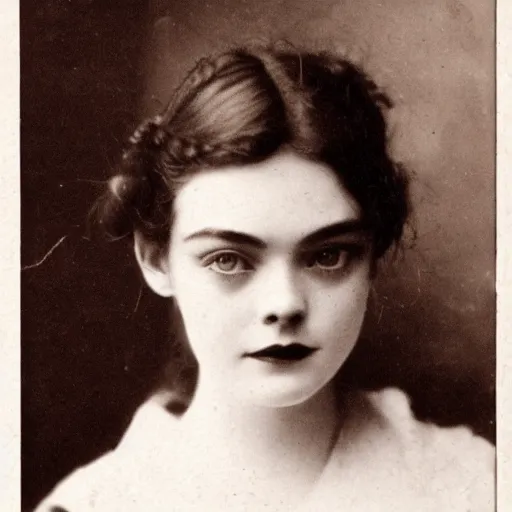 Image similar to headshot edwardian photograph of elle fanning, 1 9 1 0 s, 1 9 0 0 s, 1 9 2 0 s, grainy, victorian, detailed, slightly blurry