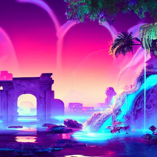 Image similar to neon ancient ruins with waterfalls,digital art,retrowave art,trending on art station