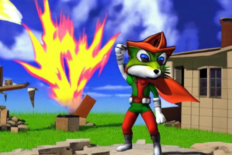 Prompt: disaster starfox mccloud standing in front of burning house looking at viewer