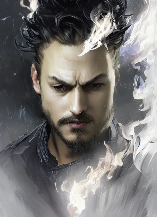 Prompt: character concept portrait of an attractive young angry Spanish wizard with pale black skin and a parital skull mask enchanting a flaming seduction spell, a floating burning spell book in the center, intricate, elegant, digital painting, concept art, smooth, sharp focus, illustration, from Metal Gear, by Ruan Jia and Mandy Jurgens and William-Adolphe Bouguereau, Artgerm