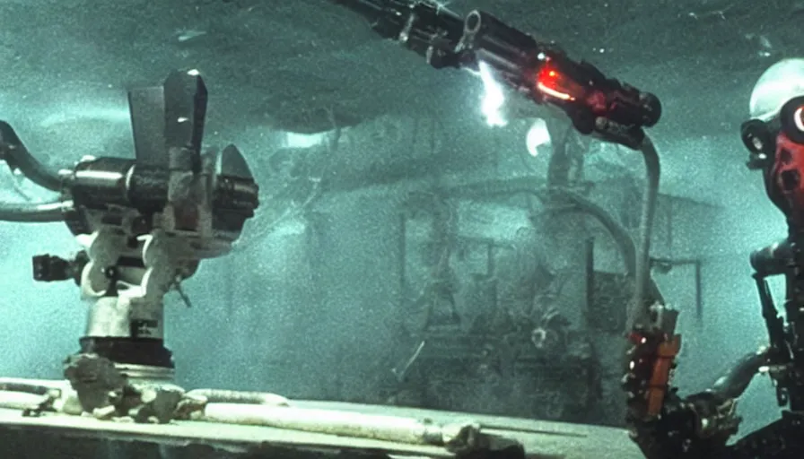 Image similar to Big budget horror movie, in an undersea lab, a squid fires a minigun at a cyborg