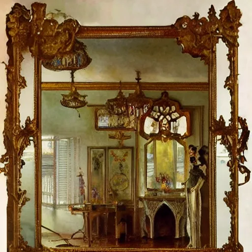 Image similar to a beautifull intricate watercolour painting of a victorian room with mirror, reflexions, verry high details by william turner art, greg rutkowski and alphonse mucha, trending on artstation, very very detailed, masterpiece, - h 7 0 4