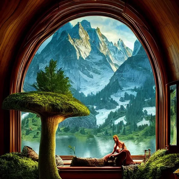 Image similar to fantastical living room with switzerland landscape in the window by marc adamus, beautiful dramatic lighting, overgrown with funghi, style by peter deligdisch, peterdraws