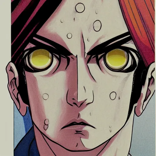 Image similar to A character drawn by Hirohiko Araki, Araki style, painting coloring, very thick and defined lineart, face close-up