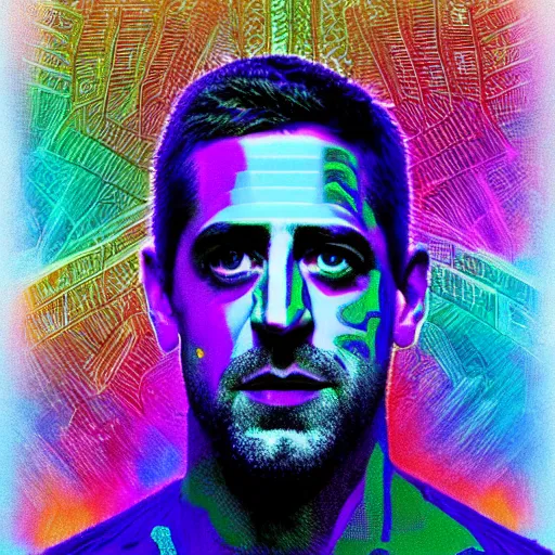 Image similar to aaron rodgers face, pharoah, dan hillier, dmt colors, hyperrealistic