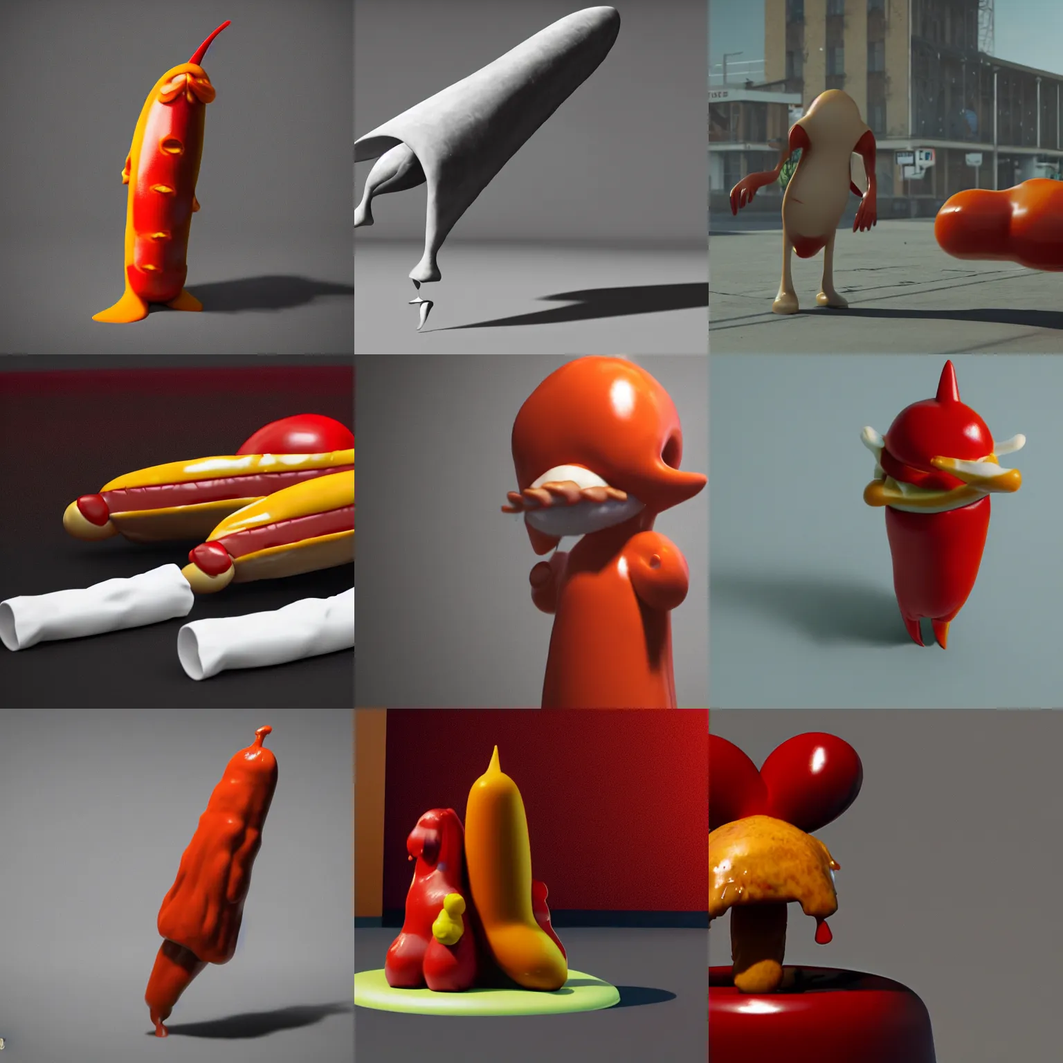 Prompt: Rick Owens anthropomorphic hotdog rocket squirting ketchup, unreal engine 5, octane render