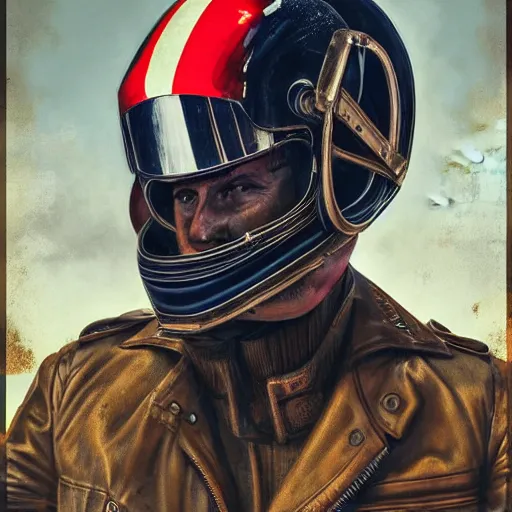 Image similar to a portrait of 1 9 2 0 man in a vintage racing helmet by sandra chevrier, detailed render, epic composition, cybernetics, 4 k realistic, cryengine, realistic shaded lighting, sharp focus, masterpiece, by matteo scalera, gary montalbano, peter elson in the style of the tokyo ghost comic