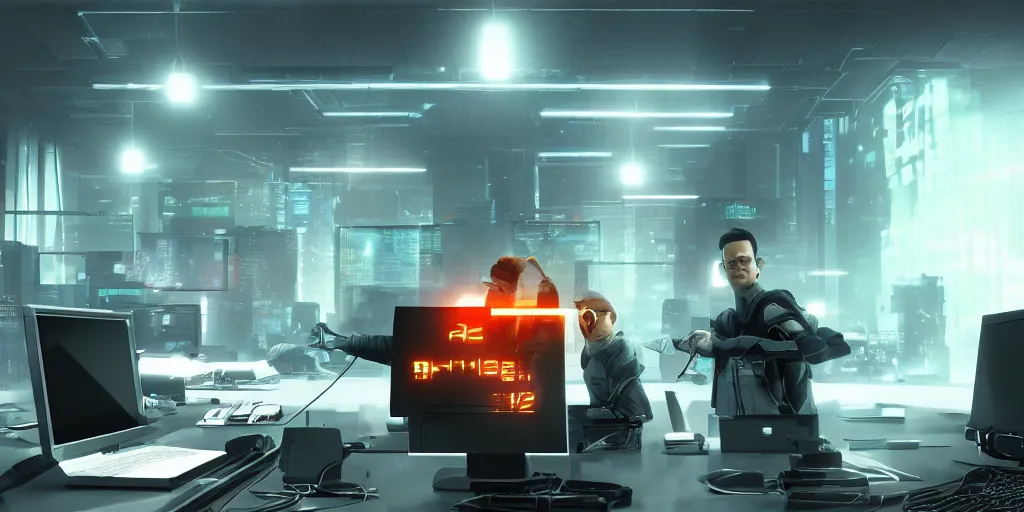 Image similar to 3 gards in an office hacking into a computer using a laptop, matrix style falling orange text in the background, cyberpunk, artstation