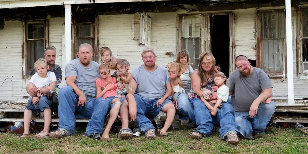 Image similar to photo of unusually small white redneck family sitting on front porch of dilapidated house,