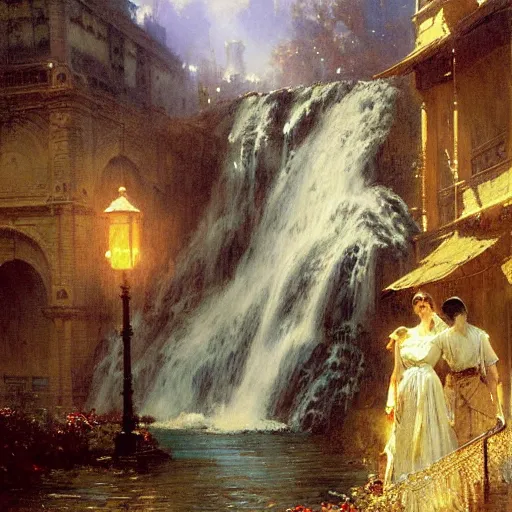 Image similar to waterfall flooding an entire city. victorian age. highly detailed painting by gaston bussiere, craig mullins, j. c. leyendecker