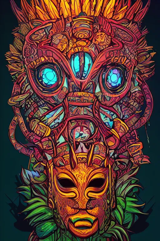 Image similar to totem animal mask tribal feather gemstone plant wood rock shaman vodoo video game vector illustration vivid multicolor borderlands comics by josan gonzales and dan mumford radiating a glowing aura