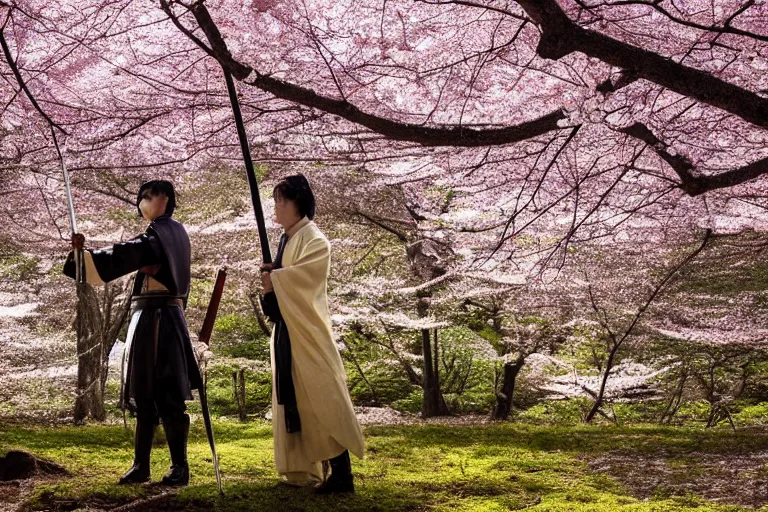 Prompt: vfx movie scene closeup japanese warrior couple, stand off, holding swords, in cherry blossom forest, natural lighting by emmanuel lubezki