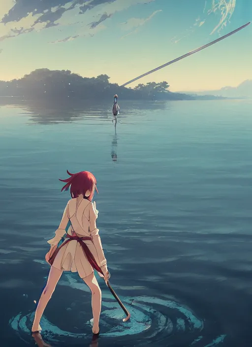 Image similar to anime girl with a katana walking on water, ripples, backdrop of dawn, backshot, saturn in the background, low angled illustration from demon slayer, concept art, anime, key visual, trending pixiv fanbox by wlop and greg rutkowski and makoto shinkai and studio ghibli