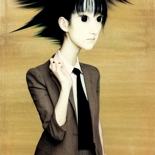 Image similar to yoshitaka amano blurred and dreamy realistic three quarter angle portrait of a young woman with short hair and black eyes wearing office suit with tie, junji ito abstract patterns in the background, satoshi kon anime, noisy film grain effect, highly detailed, renaissance oil painting, weird portrait angle, blurred lost edges