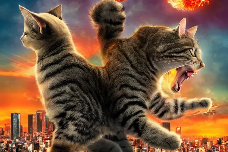 Image similar to cat attacking Tokyo, disaster movie poster, masterpiece, masterwork, cgstudio