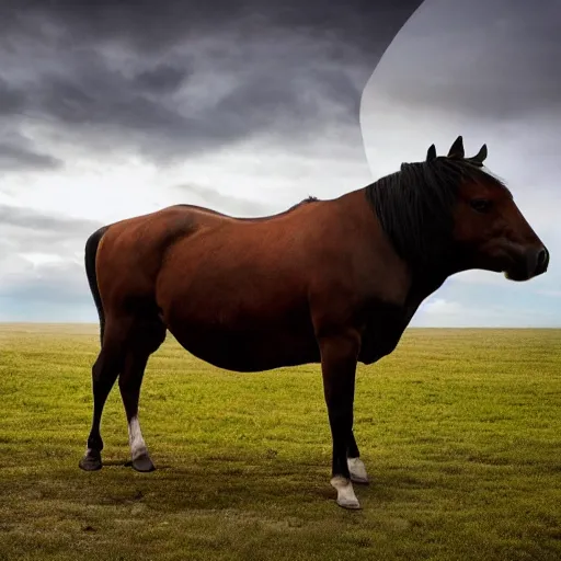 Prompt: a hybrid between a horse and a bull, photography, award - winning, national geographic channel, discovery channel, 8 k