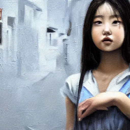 Image similar to a perfect, realistic professional oil painting in mannerism style, of a Japanese schoolgirl posing in a dystopian alleyway, close-up, by a professional American senior artist on ArtStation, a high-quality hollywood-style concept