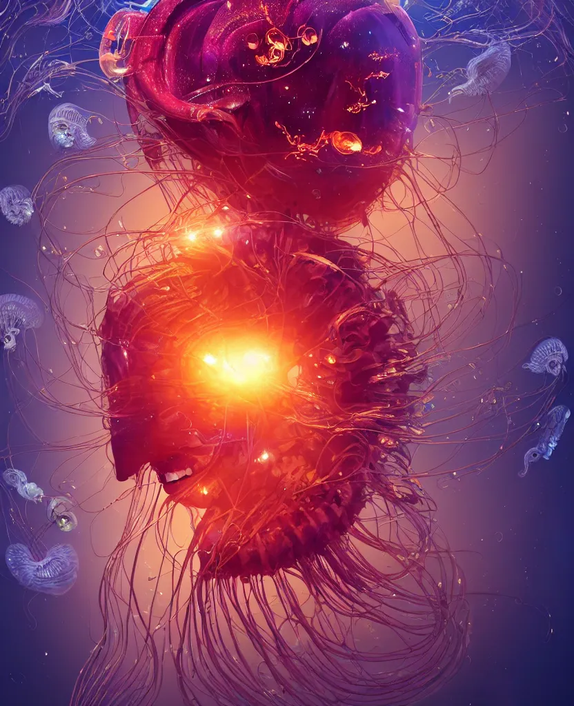 Image similar to close-up portrait of the face of a beautiful princess in a twisted flowers jellyfish mask in a spaceman suit surrounded by energy flow, epic angle and pose, symmetrical artwork, 3d with depth of field, blurred background, floating jellyfish skull phoenix bird, translucent, nautilus, energy flows of water and fire. a highly detailed epic cinematic concept art CG render. made in Maya, Blender and Photoshop, octane render, excellent composition, cinematic dystopian brutalist atmosphere, dynamic dramatic cinematic lighting, aesthetic, very inspirational, arthouse. y Greg Rutkowski, Ilya Kuvshinov, WLOP, Stanley Artgerm Lau, Ruan Jia and Fenghua Zhong