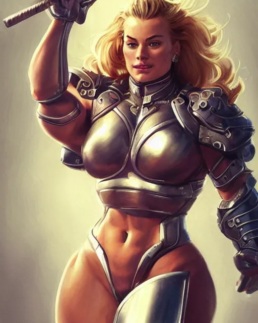 Image similar to full figure ultra realistic illustration, margot robbie as thick female bodybuilder knight zarya from overwatch smiling with closed eyes wearing thin armour, intricate, elegant, highly detailed, digital painting, artstation, concept art, smooth, sharp focus, illustration, art by artgerm and greg rutkowski and alphonse mucha