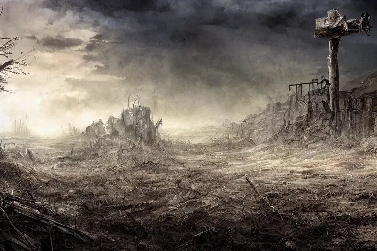 Prompt: a post apocalyptic landscape by boss ross.