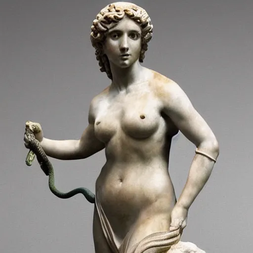 Image similar to greek or roman sculpture in marble of a female athlete holding a snake, in a museum background, hyperrealistic photograph in the style of bernini, golden hour