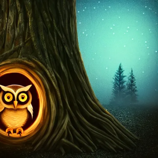 Prompt: mechanical owl inside a hole in a tree, red eyes glowing, night sky with full of stars, in the middle of forest, realistic style, futuristic, photorealistic, cinematic lighting, high key lighting, high contrast, 8 k, golden ratio, uhd, hd, shallow focus, lens 7 5 mm