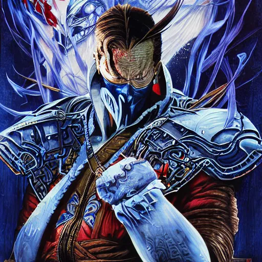 Image similar to portrait of crazy subzero mortal kombat, symmetrical, by yoichi hatakenaka, masamune shirow, josan gonzales and dan mumford, ayami kojima, takato yamamoto, barclay shaw, karol bak, yukito kishiro