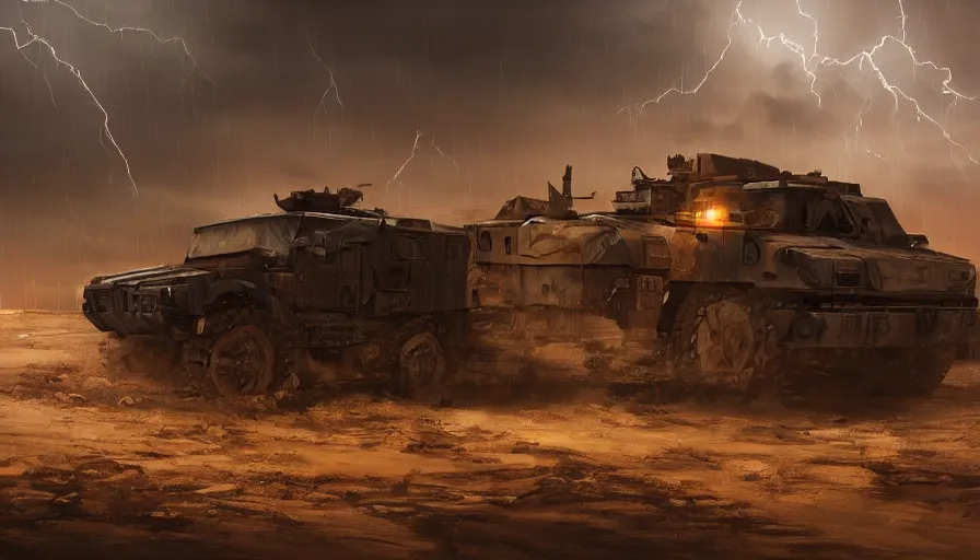 Prompt: an image of an armored vehicle in the night desert with blue headlights on by Paul Chadeisson, atmospheric, stormy weather, lightning, concept art, high detail, intimidating, cinematic, Artstation trending, octane render