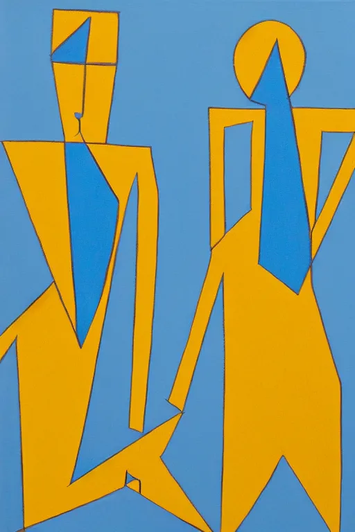 Image similar to neo cubistic painting of two tall figures, sandy yellow and some light blue, muted colors