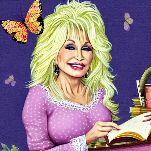 Image similar to dolly parton, books, tea party, outdoors, happy, soft image, highly detailed, award winning art, trending