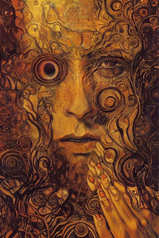 Image similar to Visions of Hell by Karol Bak, Jean Deville, Gustav Klimt, and Vincent Van Gogh, visionary, otherworldly, fractal structures, ornate gilded medieval icon, third eye, spirals