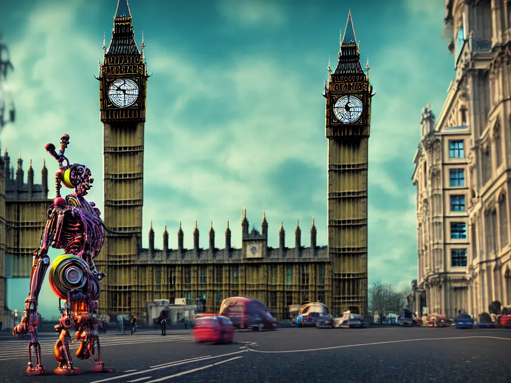 Image similar to a giant ancient beautiful cyborg of the elder gods with pipes and tubes in the city of London, an image of a beautiful cyborg, a beautiful cyborg, a cyborg, London streets with one bigben in the background, colourful, dramatic lighting, spring time, very detailed octane render very realistic beautiful