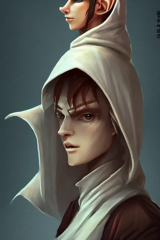 Image similar to beautiful, digital art, androgynous elf wizard, wearing linen hooded cloth. artstation, by bartek fedyczak, erak note, tooth wu, neil richards, kan liu, siwoo kim, jisu choe